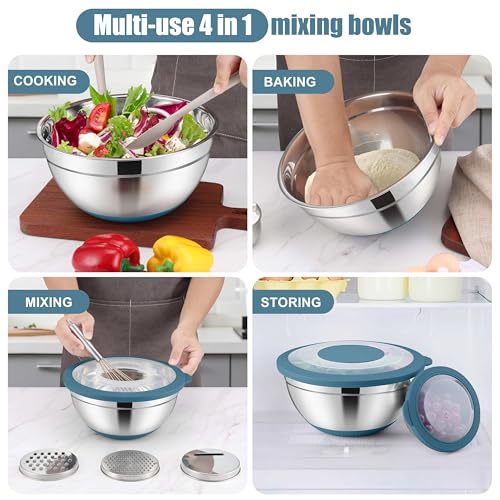 E-far Stainless Steel Mixing Bowls with Lids & Colander, 15PCS - color: Blue