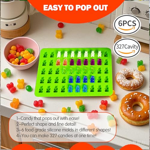 112PCS Mega Silicone Gummy Candy Molds Kit with 4 Droppers & 2 Brushes | BPA Free Non-Stick Molds 20 Shapes (Dinosaur/Donut/Fruit), Storage Box & 100 Wrappers - color: Orange