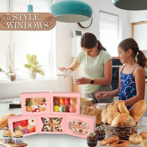 KPOSIYA 65 PCS 8x6x2.5 Inch Cookie Boxes with Window Pink Bakery Boxes Pastry Boxes for Gift Giving, Treat, Dessert, Cupcakes, Chocolate, Strawberries, Donuts, Muffins (5 Style Windows) - color: Pink(pack of 65)