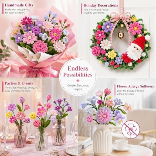 976PCS Pink Pipe Cleaner Flower Kit,7 Colors Soft Chenille Stems - color: Pink colour