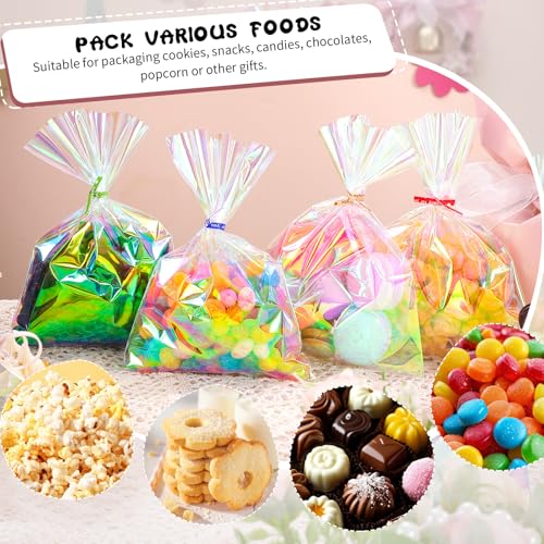 woric 150PCS Iridescent Cellophane Treat Bags with Ties 5x7 Inch