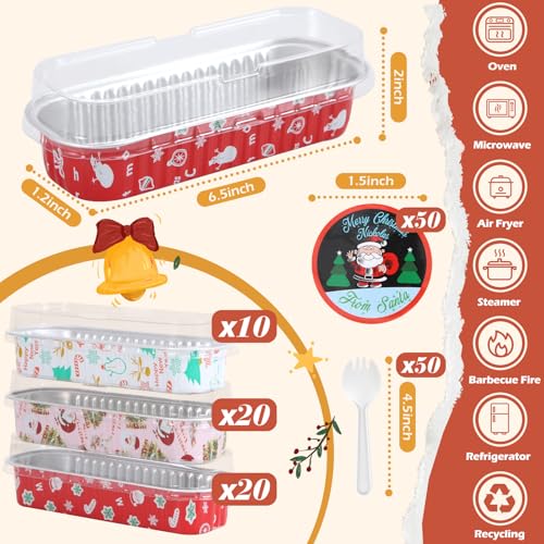 50Pack Mixcolor Christmas Mini Cake Pans with Lids and Spoons Mini Loaf Pans with Lids, 6.8Oz Aluminum Foil Pans Tins, Individual Dessert Cups Containers for Sales,Party,Picnics - color: 50-Christmas-Mix