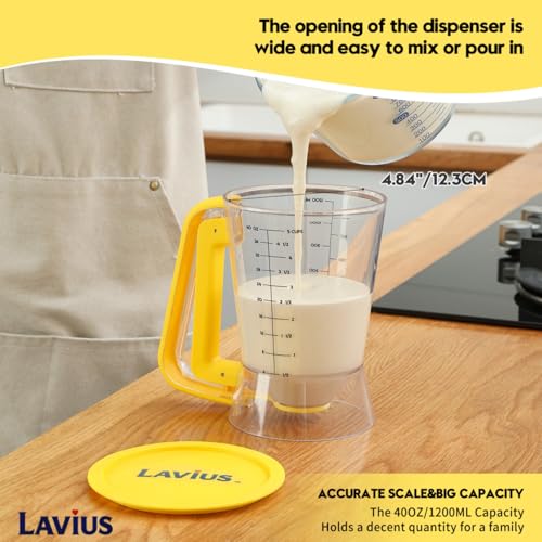 Pancake Batter Dispenser 5-Cup Batter Pourer for Maker Pancakes, Waffles, Crepes, Muffins, Cupcakes, Easy Squeeze Grip Handle with Proof Nozzle, Precise Baking Tools（Yellow） - color: Yellow
