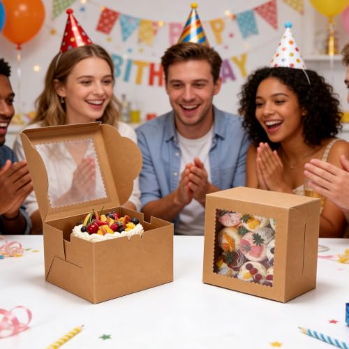 COTOPHER 50 Pcs Cake Boxes 8 Inch, 8x8x5 In Cake Containers with Windown - color: Brown, size: 8x8x5inch