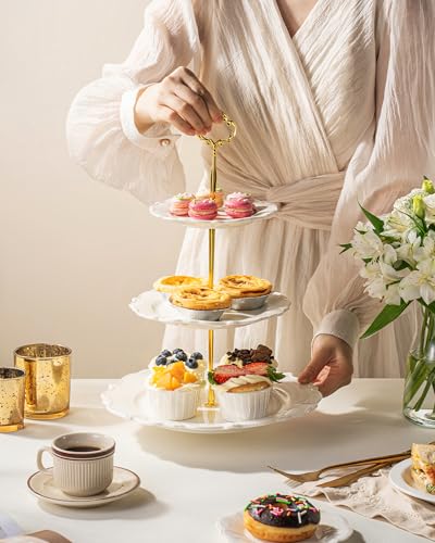 3 Tier Cupcake Stand, Ceramic Tiered Serving Stand - color: White