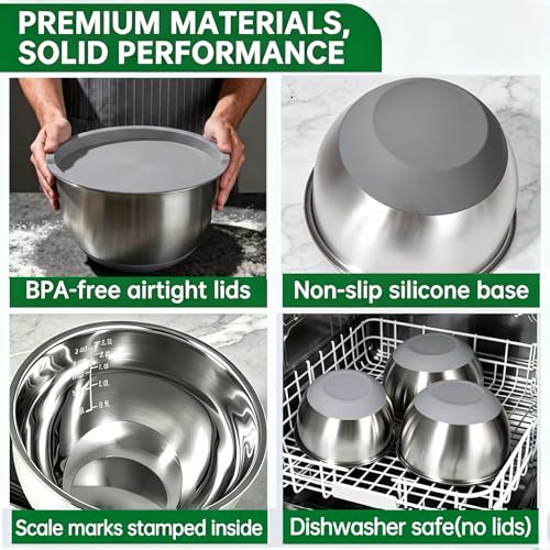 Deedro Mixing Bowls with Airtight Lids, Stainless Steel Mixing Bowls Set - color: Gray