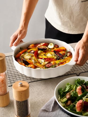 Samsle Ceramic Pie Pan, 13 Inch Round Baking Dish with Handles, White