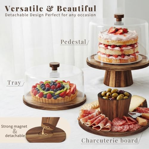 NWK 3-in-1 Acacia Wood 11 inch Cake Stand with Tall Acrylic Lid