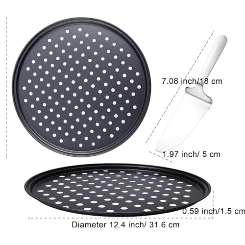 12-inch Perforated Oven Pizza Pan, Carbon Steel Perforated Pizza Tray and Cutter Set, Compatible with Breville Smart Ovens, Non-Stick Baking Pan, Home Pizza Oven Accessories - size: 12.4 inch with holes (2 pcs)