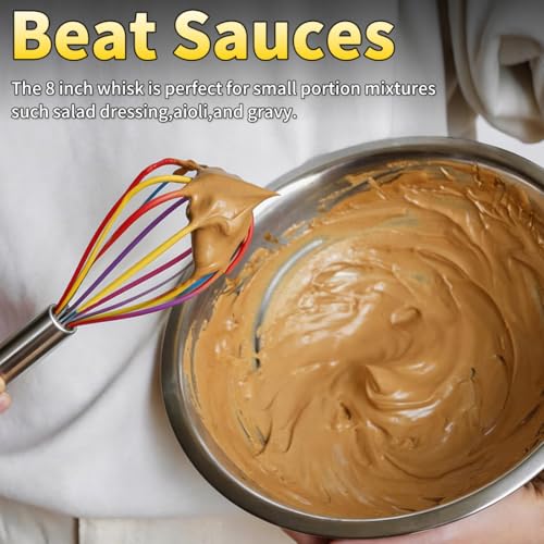 Silicone Whisk Set,Stainless Steel Handle Whisk 8" 10" 12" Rubber Whisks Cooking Non Scratch High Heat Resistant,Balloon Egg Beater for Whisking,Beating,Blending Ingredients,Mixing Sauces,Rainbow - color: Rainbow, size: 8" 10" 12"