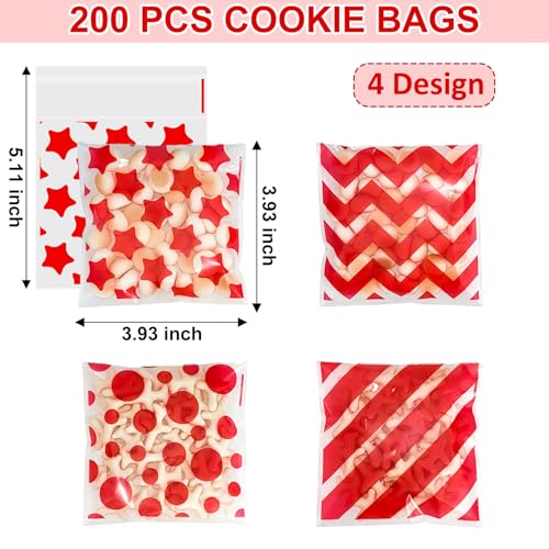 ZYLOP Self Sealing Red Cookie Bags - 200Pcs 4x4 Inch Red Striped Cellophane Treat Bags, Small Clear Plastic Candy Bag for Bakery, Carnival Party Favors, Wedding Sweets & Small Business Packaging - color: Red 200pcs