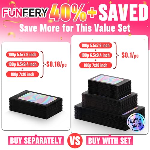 Funfery 300 Pack 3 Size Mylar Holographic Bags with Clear Window,Black - color: Black, size: 5.5x7.9+6.3x9.4+7x10 Inch