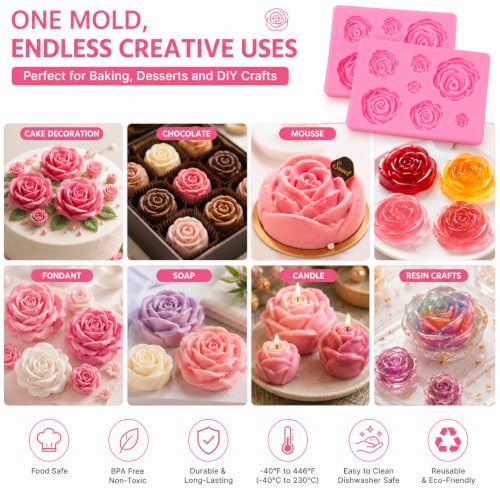 2 Pack Rose Flower Silicone Molds, Food Grade Non-Stick Molds for Cake Chocolate Mousse Jelly Fondant Sugarcraft Wedding Party Baking - color: 2PCS Rose Flowers