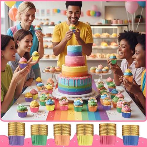 Geiserailie 100 Pcs Rainbow Foil Cupcake Liners, Baking Cups - color: Rainbow, style: Classic