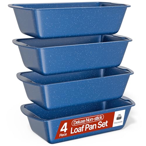 Nonstick Loaf Pan Set Pack of 4, Carbon Steel 11" Large Baking Bread Pan, Oven Safe Up to 450°F, PFOA, PFOS, PTFE Free, Space Saving Stackable Design, Stain Resistant, Dishwasher Friendly, Blue Marble - color: Blue Marble, size: 4 Pack