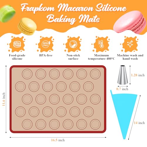 Macaron Silicone Baking Mats, 2 Nonstick Macaroon Mat Silicone, 7 Piping Tips, 2 Piping Bags, 2 Bag Ties, 2 Couplers, 1 Puff Tip, 1 Brushes, 17 Pcs Macaron Baking Kits for Macarons Cookies - color: Red