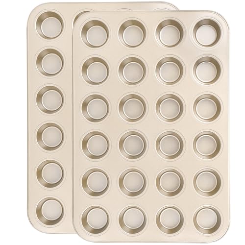 Beasea Nonstick Mini Muffin Pan 24 Cups, 2 Pack 24 Mini Small Tiny Cup Non Stick Muffin Baking Pan Tin Tray Carbon Steel Bakeware Individual Cupcake Baking Pan - Gold - color: Gold Muffin Mini 24 Cup