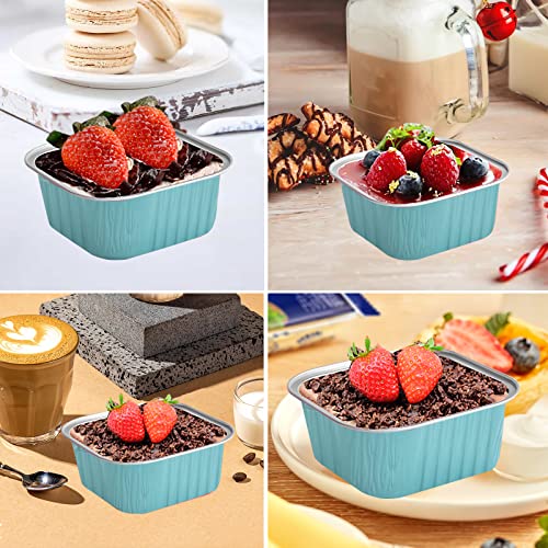 50 Pcs Mini Square Baking Cups with Lids,5oz Aluminum Foil Mini Cake Pans with Lids,Disposable Ramekins Cake Pans,150ml Dessert Cups Cupcake Pans for Wedding Birthday Party,Blue - color: Blue, size: 5oz