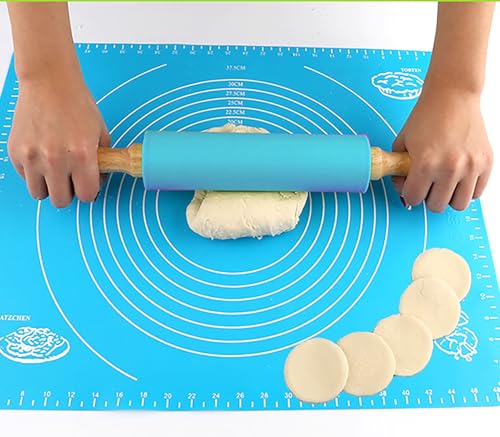 Silicone Rolling Pin, 9 Inch Green Rolling Pin with Wooden Handle for Kneading the Dough of Cookie, Baking Bread, Pizza and Noodles (Blue, 11.4 inch) - color: Blue, size: 11.4 inch