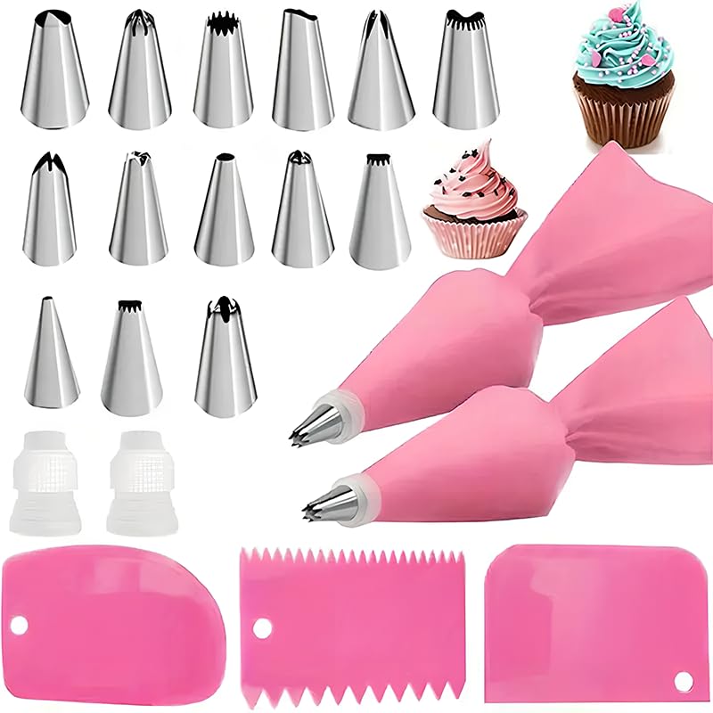 Piping Bags and Tips Set, Reusable Cake Decorating Supplies with 2 Reusable Bags, 14 Icing Tips, 2 Silicone Rings, 2 Couplers and 3 Scrapers, Cake Baking Tools for Cookie Icing Cupcakes