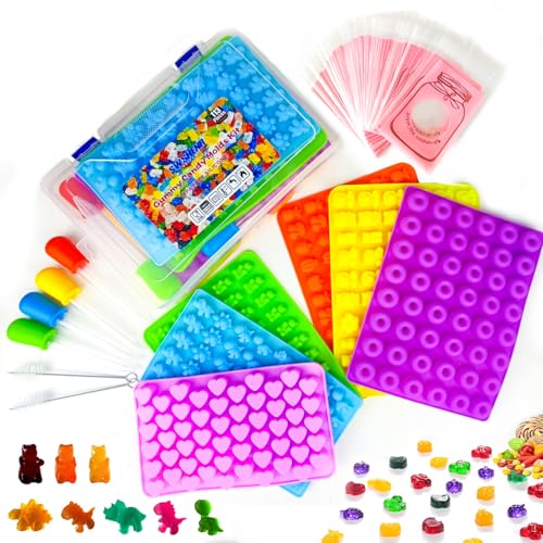 112PCS Mega Silicone Gummy Candy Molds Kit with 4 Droppers & 2 Brushes | BPA Free Non-Stick Molds 20 Shapes (Dinosaur/Donut/Fruit), Storage Box & 100 Wrappers - color: Orange