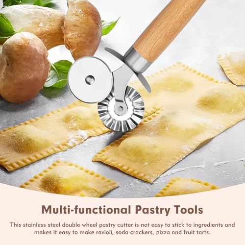 Pasta Cutter Wheel - Fluted Pastry Cutter Double Wheel Ravioli Cutter Tool with Wooden Handle for Pasta Pizza Ravioli Cookie