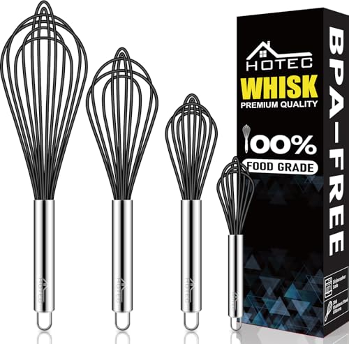 HOTEC 4Pcs Silicone Whisk Set, Wire Balloon Whisks for Cooking Egg Beater - color: Black,Silver