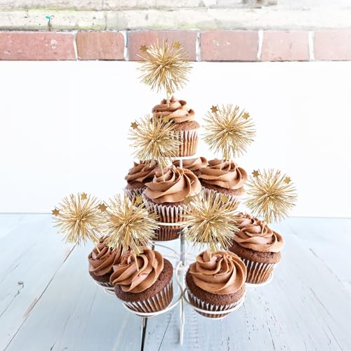 Ephlyn 30Pcs Foil Firework Cupcake Toppers Party Birthday Cake Toppers Supplies Sparkle Tinsel Cocktail Fruit Toothpick for Birthday Wedding Graduation Party Supplies Gold - color: Gold, style: Style 1