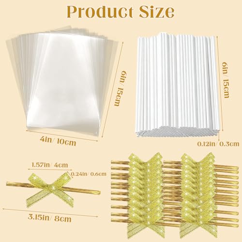 100 Sets Clear Rice Crispy Treat Bags 4x6in with Sticks and Ties Gold Bow