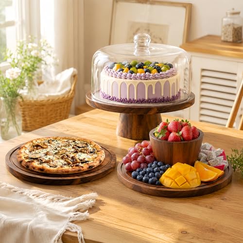 Acacia Wood Cake Stand with Lid - 12 Inch Magnetic Detachable Cake Stand with Dome, Shatterproof Acrylic Cover, Versatile Cake Holder & Charcuterie Board for Parties, Dessert Table Display