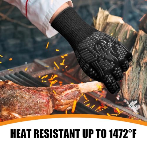 BBQ Gloves, 1472°F Heat Resistant with Silicone Grip Oven Mitts - color: Black, size: Long (Glove L 13.78" × Palm W 6.33")