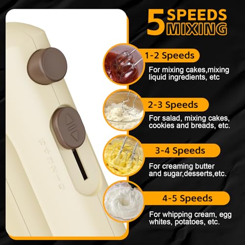 5-Speed Small Hand Mixer Electric, 300W Compact Portable, Cream
