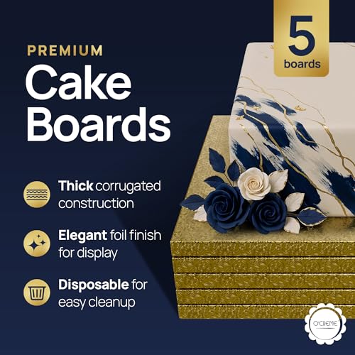 O’Creme Cake Board, Gold Foil Square Cake Drum with Gorgeous Design, Sturdy & Durable 1/2” Thick Cake Drums, Square Cake Boards 24” x 24” Inch, Pack of 5 Disposable Cake Drums - color: Gold, size: 24" x 24"