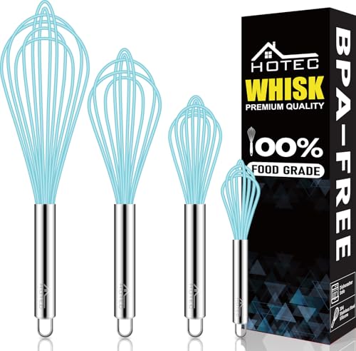 HOTEC 4Pcs Silicone Whisk Set, Wire Balloon Whisks for Cooking Egg Beater - color: Blue,Silver