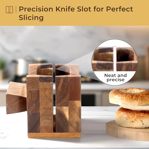 Annie & Mia Design Premium Acacia Wood Bagel Slicer For Large Bagel Stylish Hand Crafted Wood Bagel Cutter With Ergonomic Designed Handle Grip