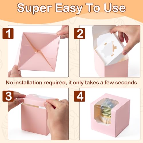 Hoewina 28 PCS Cupcake Boxes, Individual Cupcake Containers with Window - color: Pink