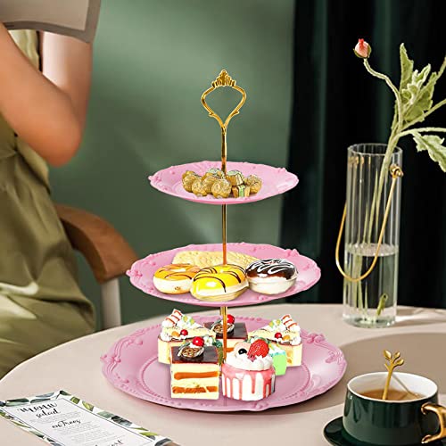 Fasmov 3 Pack 3 Tier Plastic Cupcake Stand, Dessert Plates Cake Fruit Candy Display Tower Reusable Pastry Platter for Wedding Birthday Baby Shower Tea Party Decorations - White Pink Green