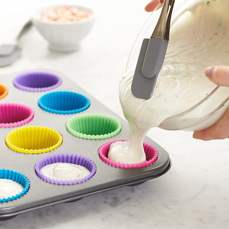 12 Pack Reusable Silicone Baking Cups Set(2.8" Lx1.4" H), Non-stick Muffin Liners, Easy To Clean & Heat-resistant Muffin Molds for Party Birthday Halloween Christmas(Multicolor)