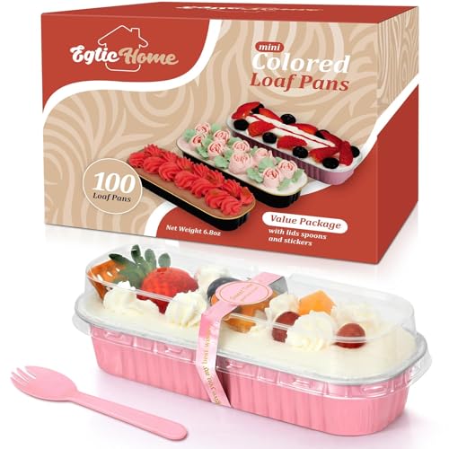 Mini Loaf Pans with Lids and Spoons (100 Pack, Pink, 6.8oz) Rectangular Aluminum Foil Baking Pans - color: Pink