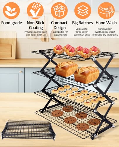 4 Tier Collapsible Cooling Rack, 2/3/4-Tier Upgraded,Adjustable ＆ Stackable Baking Rack, 5 Modes Cooling Racks for Cooking and Baking, Roasting ＆ Grilling Gifts for Picnic Party - color: A4-Black