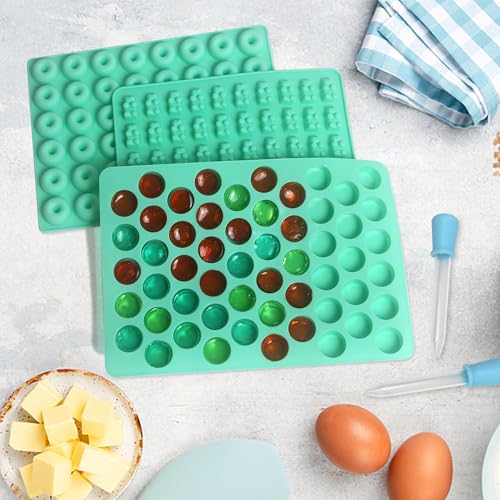 7Pcs Gummy Bear Molds Silicone, Nonstick Gummy Molds Includes Bear, 55 Cavity Round Molds, Dinosaur, Heart, Donut, Gummy Candy Chocolate Molds for Kids with 2 Droppers for Convenient Filling - color: 5 Set with Gummy Round