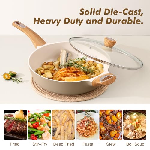 SENSARTE Ceramic Nonstick Frying Pan Skillet with Lid, 10.5 Inch Deep Frying Pan, 3.8 Qt Saute Pan, Induction Pan, Healthy Non Toxic Cooking Pan with Helper Handle, PFOA PFAS PTFE Free - color: Ceramic Taupe, size: 3.8QT / 10.5IN