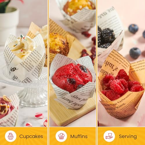 Baker's Signature 150pcs Parchment Paper Muffin Liners - Natural Wood Pulp, Greaseproof, Waterproof, Non-Toxic - Ideal for Multiple Occasions - color: 5.Newspaper White Beige