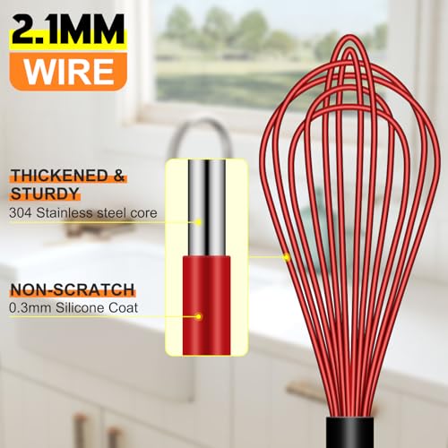 HOTEC 4Pcs Silicone Whisk Set, Wire Balloon Whisks for Cooking Egg Beater - color: Red