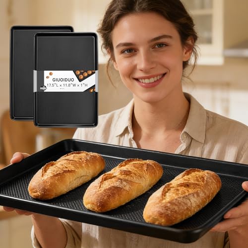 GIUOIDUO 2-Pack Commercial & Home Baking Sheet Pans - Heavy Duty Nonstick Carbon Steel Cookie Trays, Warp-Resistant Oven Pans for Baking, Roasting & Sheet Pan Meals (17.5x11.8 Inch) - size: Black (17.5X11.8) 2 pieces