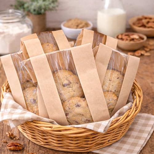 WIKDAY Cookie Bags with Window 50PCS Small Paper Treat Bread Bakery Bags - size: Small Size (3.5" x 2.3" x 7.5") with Stickers A
