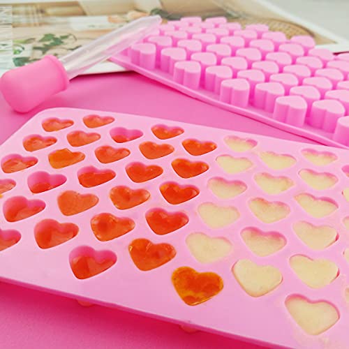 2 Pack Silicone Mini Hearts Molds with 2 Droppers Ice Cube Heart Mold Mini Hearts Shape Mould for Baking Silicone Molds for Chocolate Gummy Candy Soap Jelly Cake Heart Ice Tray (Pink)