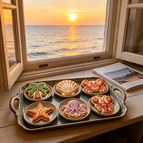 6Pcs Summer Ocean Animal Cookie Cutters Stamp 3D Crab Octopus Seashell Starfish Palm Tree Crawfish Cookie Cutter Shapes Plastic Cookies Molds for Baking Cute Fondant Cutters Beach Cookies Mold