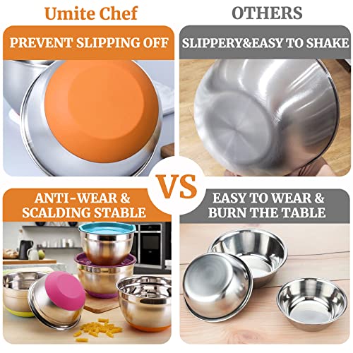 Umite Chef Mixing Bowls with Airtight Lids, 6 Piece Stainless Steel Metal Bowls, Measurement Marks & Colorful Non-Slip Bottoms Size 7, 3.5, 2.5, 2.0,1.5, 1QT, Great for Mixing & Serving - color: Multicolor