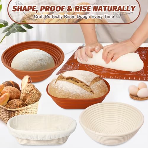 EWFEN Sourdough Starter Kit with Enamel Cast Iron Pot, Complete Sourdough Bread Baking Supplies, Round & Oval Bread Proofing Basket with 34 Oz Starter Jar, Bread Making Tools Kit